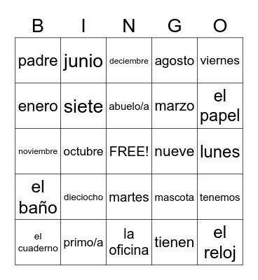 Spanish Bingo Card