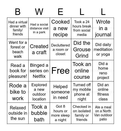 Be Well! Bingo Card