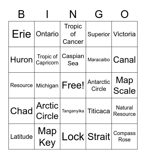 World Lakes Bingo Card