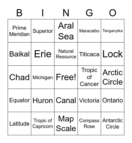 World Lakes Bingo Card