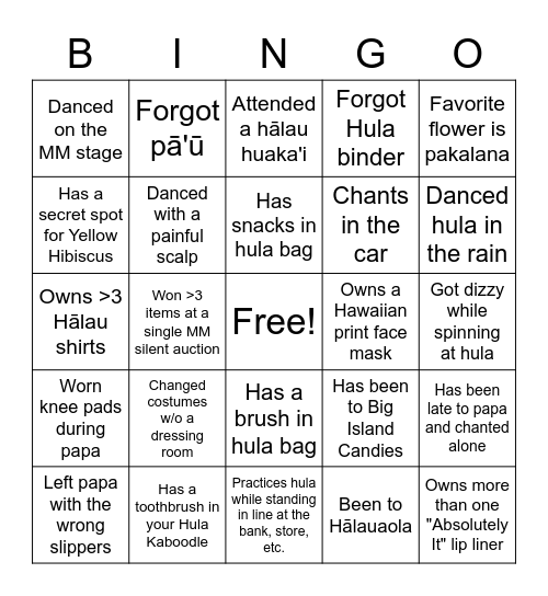 HULA Bingo Card