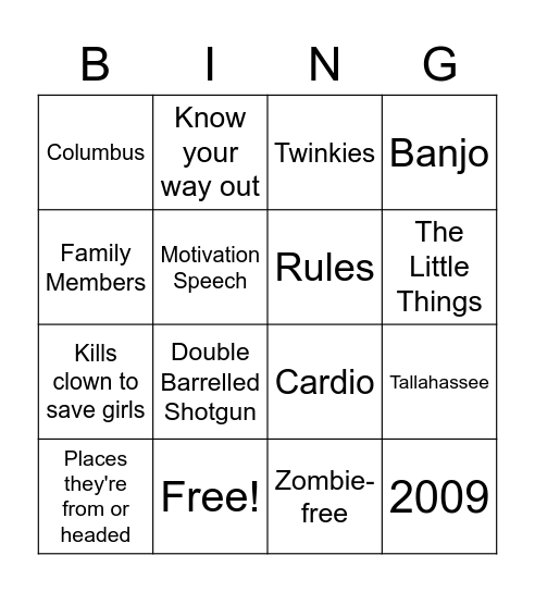 ZombieLand Bingo Card