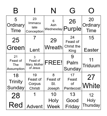 Church Year Bingo Card