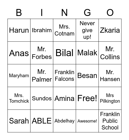 Franklin ABLE 2020-1021 Bingo Card