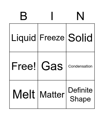 States of Matter Bingo Card
