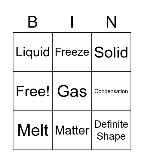 States of Matter Bingo Card