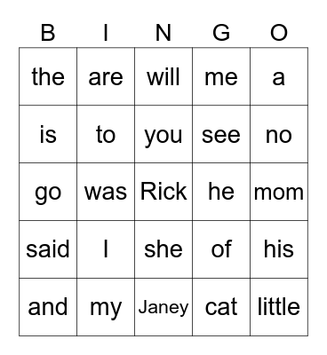 Janey's Sight Word Bingo Card