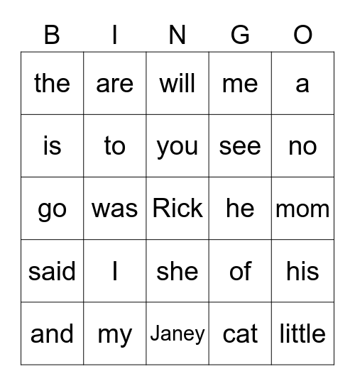 Janey's Sight Word Bingo Card