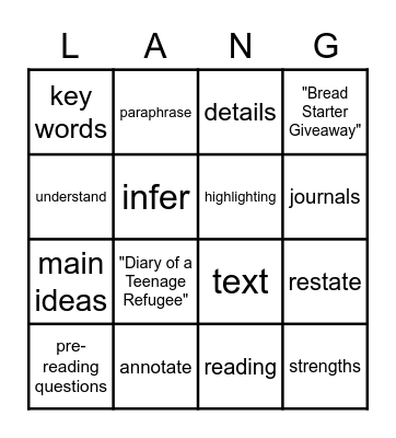 Language Arts 9/10 Bingo Card