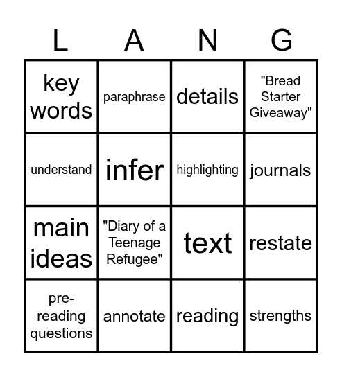 Language Arts 9/10 Bingo Card