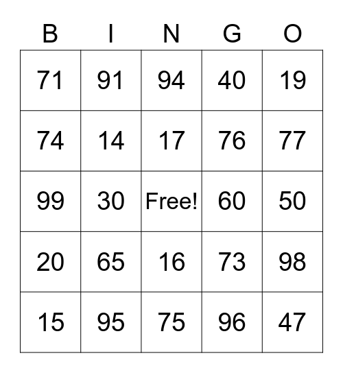 Les nombres de 1 à 100 Bingo Card