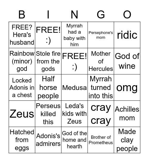 Greek Myth Bingo Card