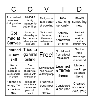 Morris Student COVID Bingo Card