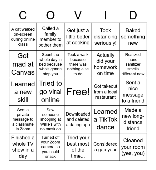 Morris Student COVID Bingo Card