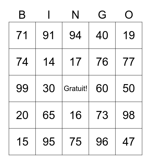 Les Nombres De 1 à 100 Bingo Card