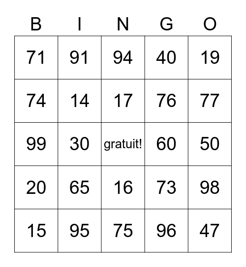 Les nombres de 1 à 100 Bingo Card