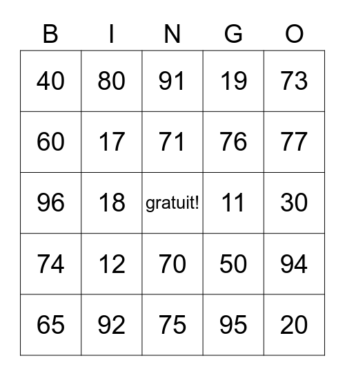 Nombres de 1 à 100! Bingo Card
