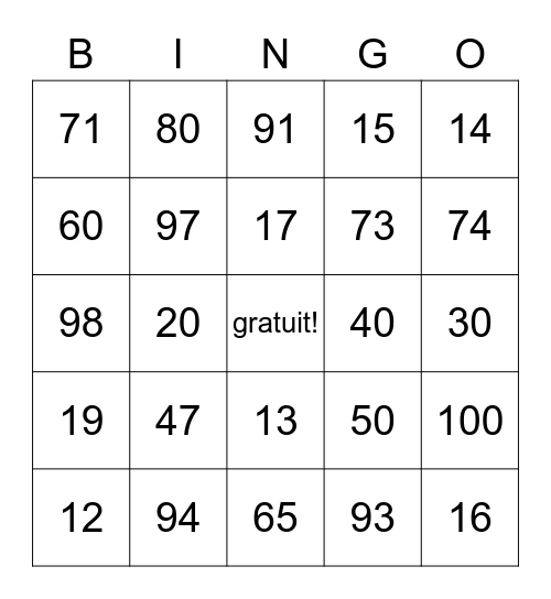 Les nombres de 1 à 100 Bingo Card
