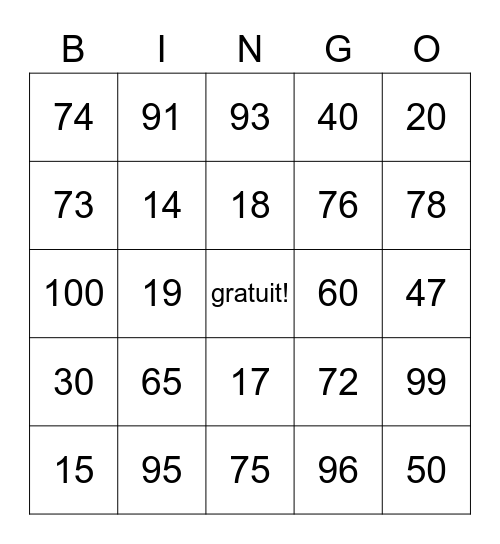 Les nombres de 1 à 100 Bingo Card