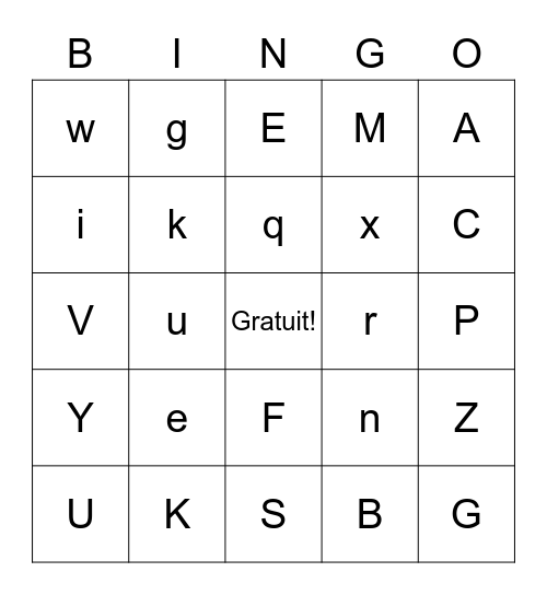 Les lettres minuscules et majuscules Bingo Card