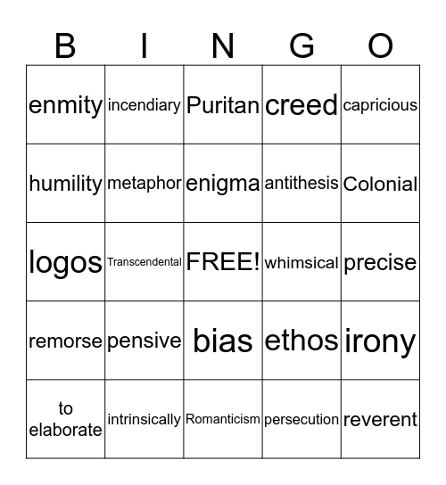 American Literature 2nd  Nine weeks Bingo Card