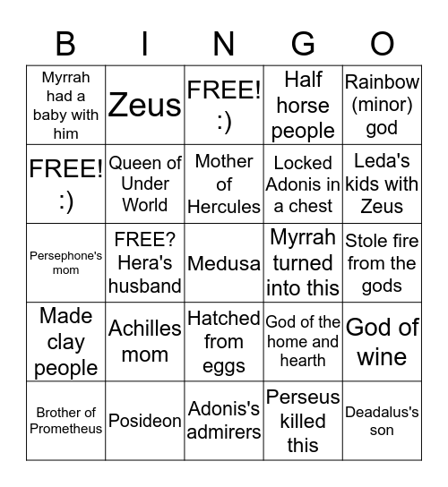 Greek Myth Bingo Card