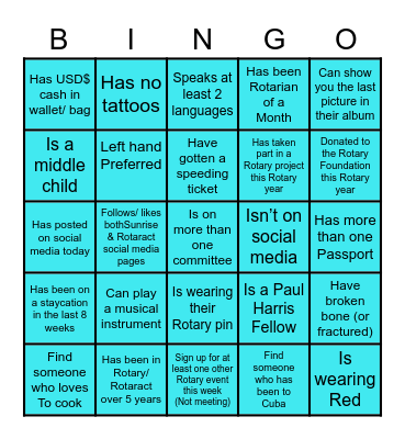 Rotary Rotaract G2KU Bingo Card