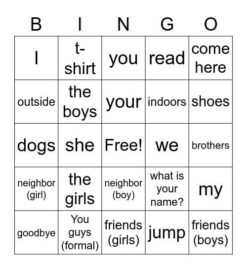 FLFK Lesson 2 Spanish Bingo Card