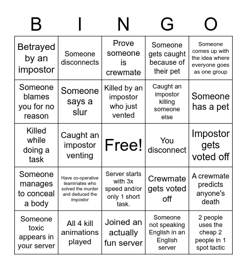 Among Us Bingo Night Bingo Card