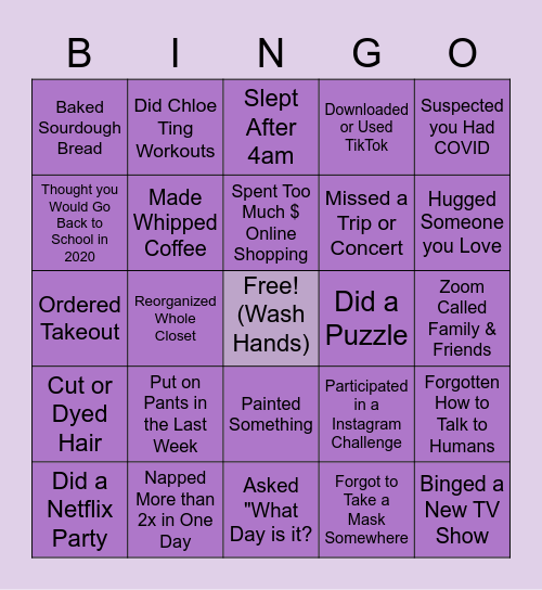 DKD Quarantine Bingo Card