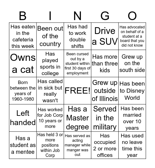 Get To Know Your Coworker Bingo Card