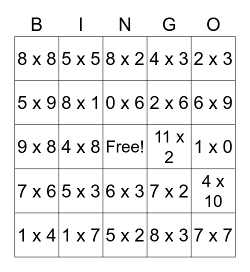 Multiplication! Bingo Card