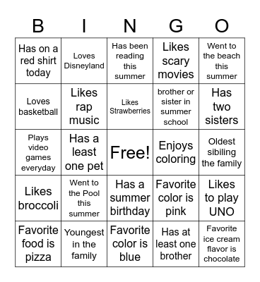 All About Me Bingo Card
