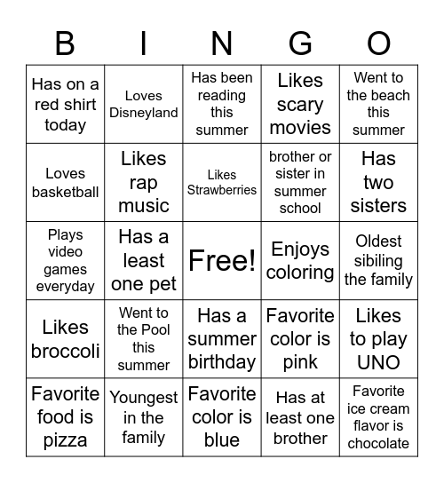 All About Me Bingo Card