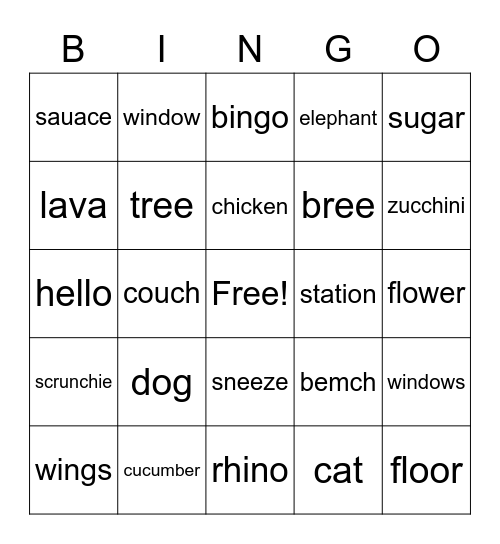 Spelling Bingo Card