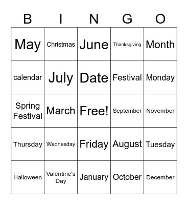 Months and Days of the Week Bingo Card