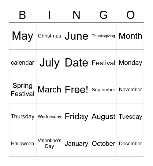 Months and Days of the Week Bingo Card