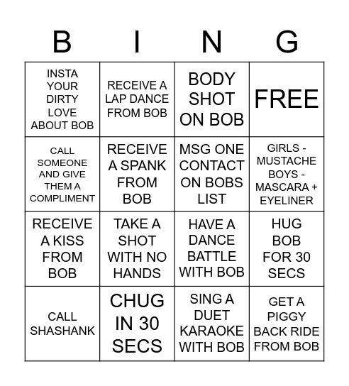 BOBS THIRTY Bingo Card