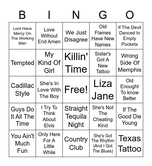 90s Country Bingo Card