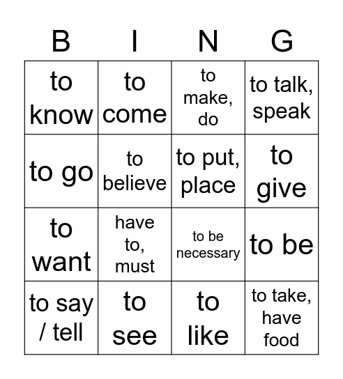 20 Verbes v2 Bingo Card