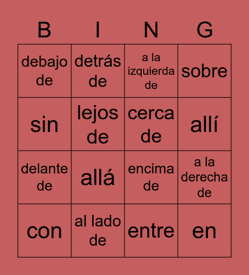 Preposiciones Bingo Card