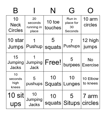 Fitness Bingo Card