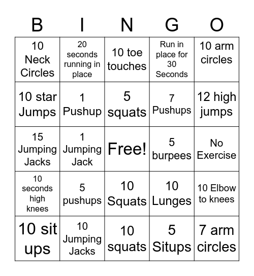 Fitness Bingo Card