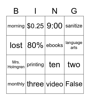 Library Orientation Bingo Card