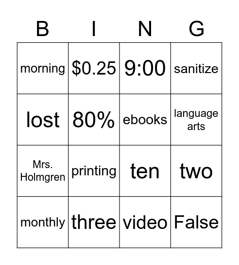 Library Orientation Bingo Card