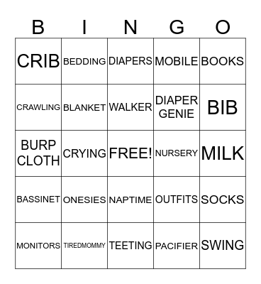 Shade's Baby Shower Bingo Card