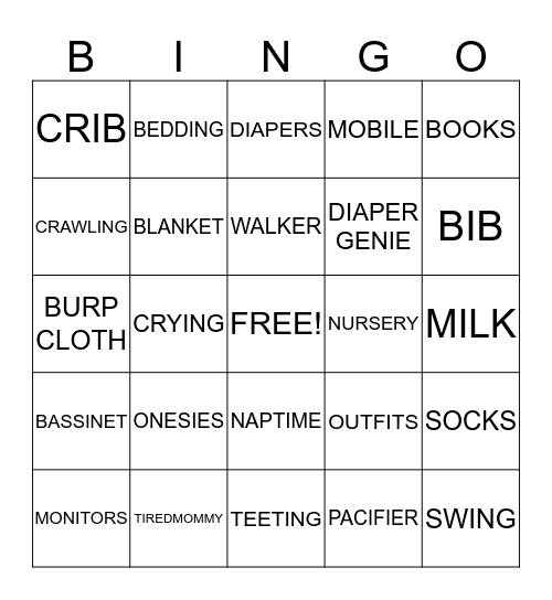 Shade's Baby Shower Bingo Card