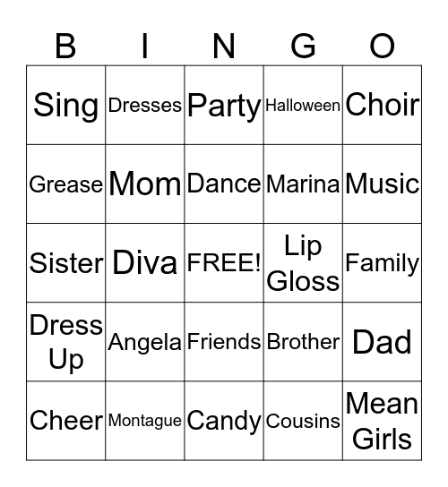 Angela's Birthday Bingo Card