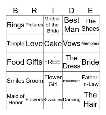 Chantel's Bridal Bingo Card