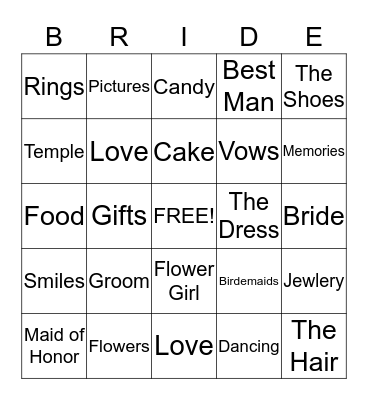 Chantel's Bridal Bingo Card
